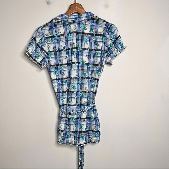 Self Esteem Womens Size Medium Blue Plaid Short Sleeve Button Up Blouse Tie UP - Picture 2 of 9